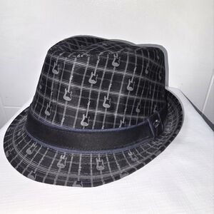 Fender Guitar Fedora Hat Axe Gray Plaid All Over Print Music Band Cap S/M Black